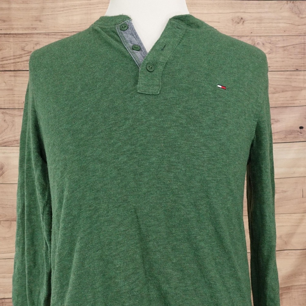 Tommy Hilfiger Shirt Mens Small Green Long Sleeve Henley Logo Cotton Tee T-Shirt